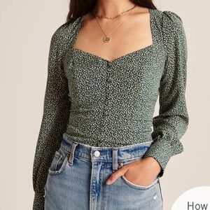 Abercrombie dark green floral button top